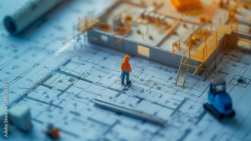 Une maquette 3d avec des plans illustrant le chantier d'une maison, avec des artisans s'affairant à sa construction. photo