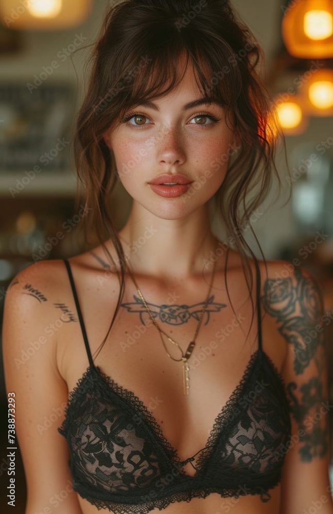 Cute Girl with Large Brown Eyes and Long Slim Fit Torso, Attractive Tattoos on Midriff, Cute Girl with Large Brown Eyes and Long Slim Fit Torso, Attractive Tattoos on Midriff,