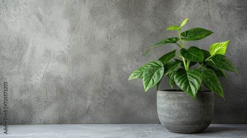 Minimalist Grey Background with Potted Green Plant Low Angle