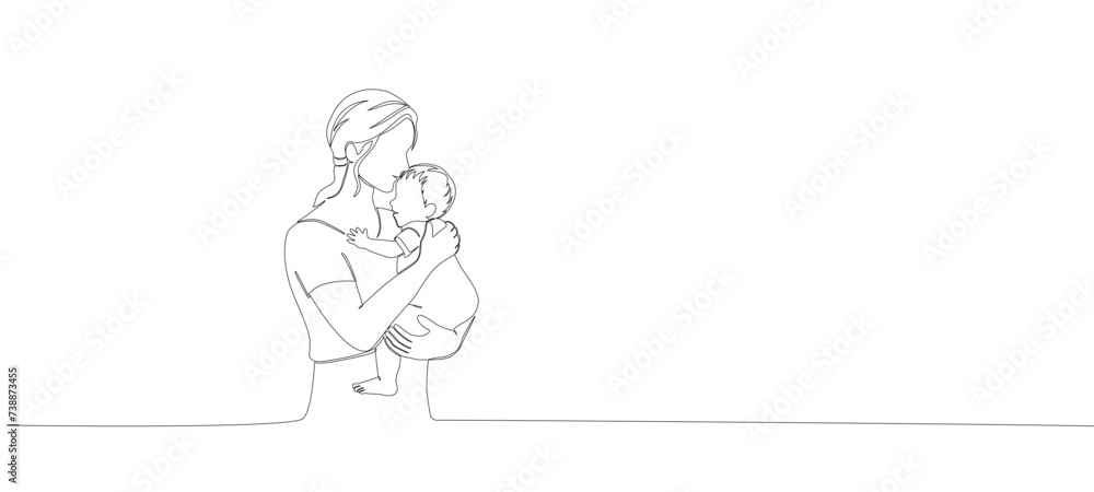 Continuous editable single line illustration of Woman with baby in her arms. Mother's day card in line art style. Vector illustration Continuous editable single line illustration of Woman with baby in her arms. Mother's day card in line art style. Vector illustration