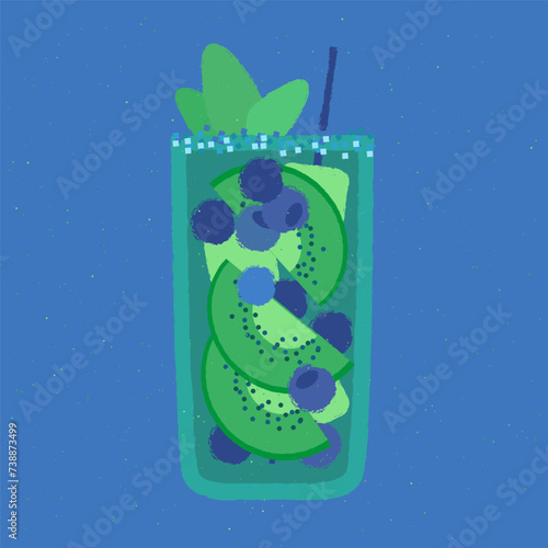 Green cocktail with kiwi, blueberries, mint and ice cubes. Fruit gin tonic. Alcohol drink for bar. Cold soft liquid in tall glass. High glass. Mocktail beverage. Flat vector illustration with texture