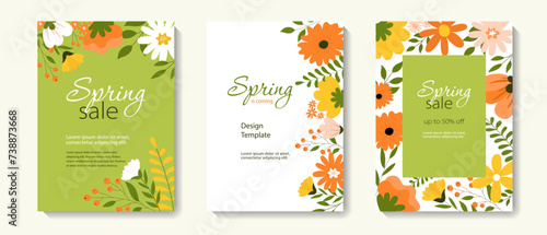 Set of spring banners with floral elements, leaves. Editable vector template for greeting card, poster, banner, invitation, social media post. Hello spring. Spring sale
