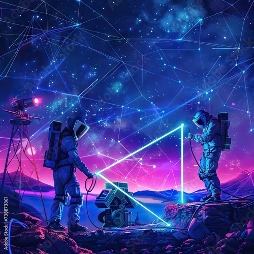 Trendy geometric neon lights up scientist work where smart robots weld under the beautiful night sky
