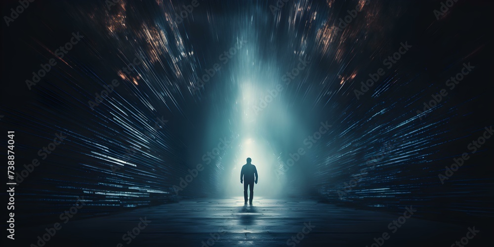 Mysterious figure traverses dim tunnel embodying suspense and enigma the tunnels end illuminated. Concept Mysterious Figure, Dim Tunnel, Suspense, Enigma, Illumination - obrazy, fototapety, plakaty 
