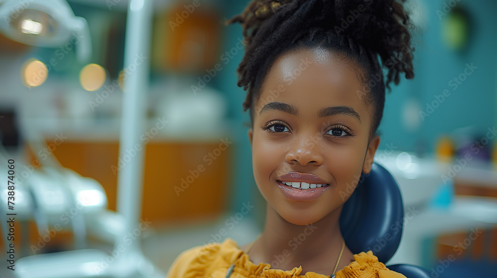 Young beautiful girl with beautiful smile is on dentist chair and waiting for dental examination. Tooth care concept. Dentist surgery background. Selective focus. Copy space. Young beautiful girl with beautiful smile is on dentist chair and waiting for dental examination. Tooth care concept. Dentist surgery background. Selective focus. Copy space.