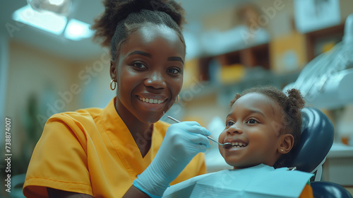 Child dental examination. Black smiling woman dentist is examining teeth of small black girl. Dentist surgery background. Tooth care concept. Selective focus. Copy space