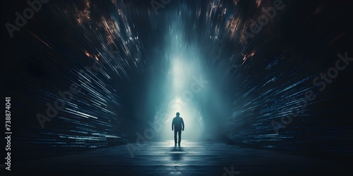 Mysterious figure traverses dim tunnel embodying suspense and enigma the tunnels end illuminated. Concept Mysterious Figure, Dim Tunnel, Suspense, Enigma, Illumination photo