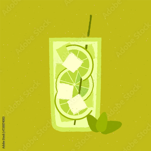 Green cocktail with lime, mint and ice cubes. Mojito in high glass. Soda water. Alcohol drink for bar. Cold soft liquid in tall glass. Non-alcoholic beverage. Flat vector illustration with texture