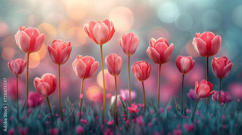 Fototapeta premium Watercolour illustration. Spring atmosphere. Red tulips on green blurred background. Selective focus. Copy space. 