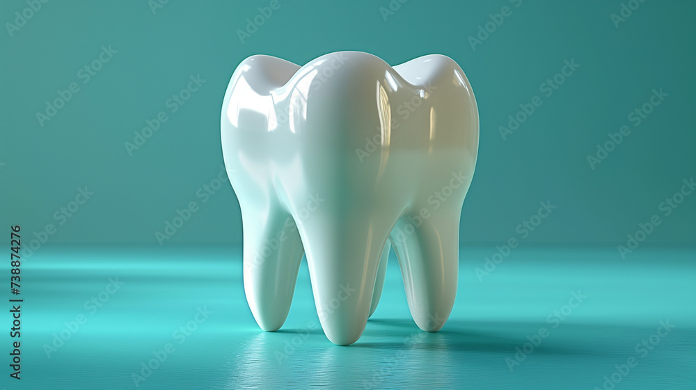 White 3d model of tooth on blue and green background. Tooth care concept. Selective focus. Copy space White 3d model of tooth on blue and green background. Tooth care concept. Selective focus. Copy space