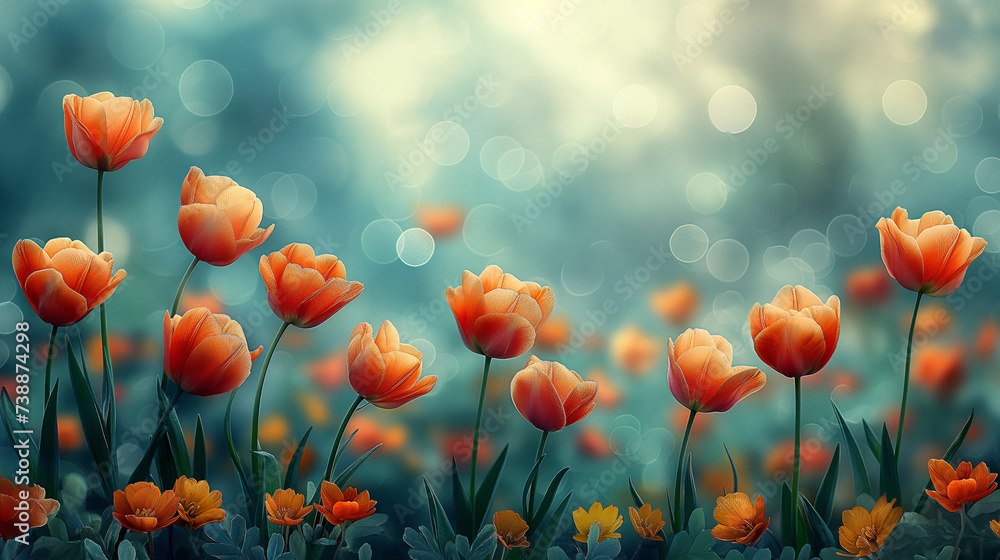 Watercolour illustration. Colourful spring. Red tulips on green transparent background. Selective focus. Copy space. Watercolour illustration. Colourful spring. Red tulips on green transparent background. Selective focus. Copy space.