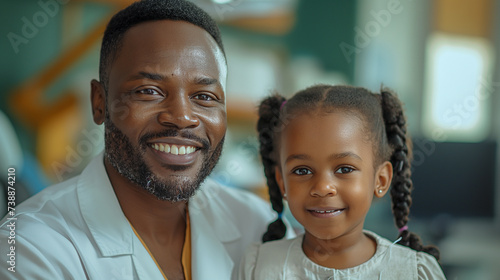 Dentist surgery background. Black man dentist and his patient small black girl. Tooth care concept. Selective focus. Copy space