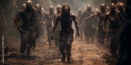 A terrifying scene depicting a horde of zombies during an apocalypse. Concept Horror Photography, Apocalypse Setting, Zombie Horde, Terrifying Props, Dark Atmosphere