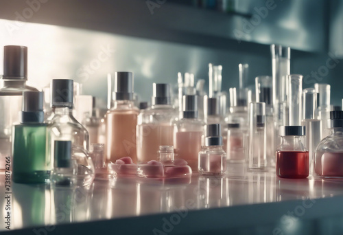 Cosmetic laboratory with chemical glassware and cosmetic products Natural skincare background