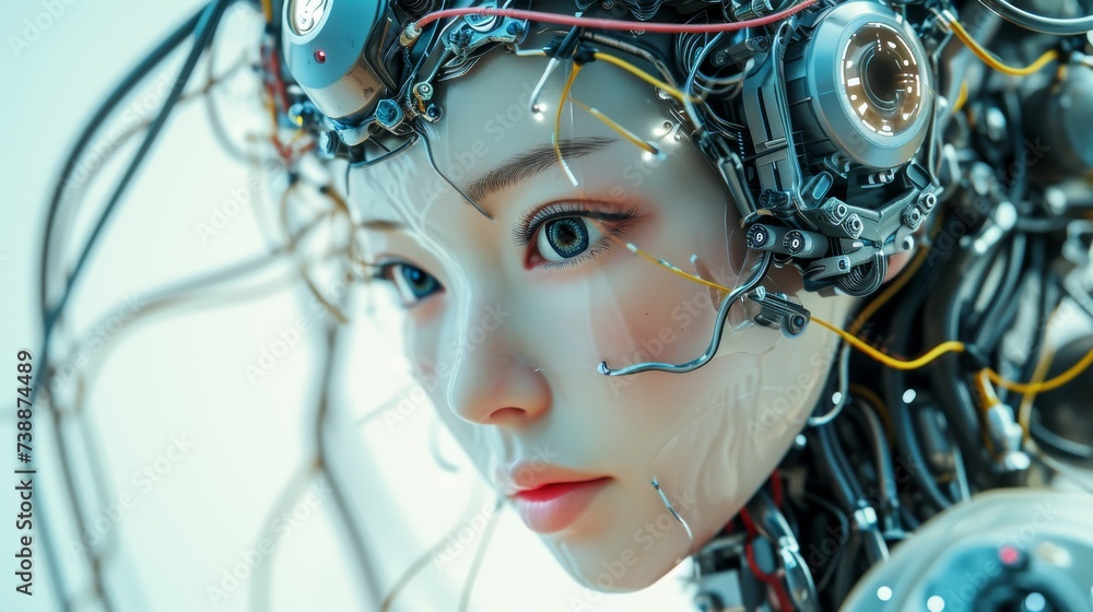 Close up view of a female robot with wires Close up view of a female robot with wires