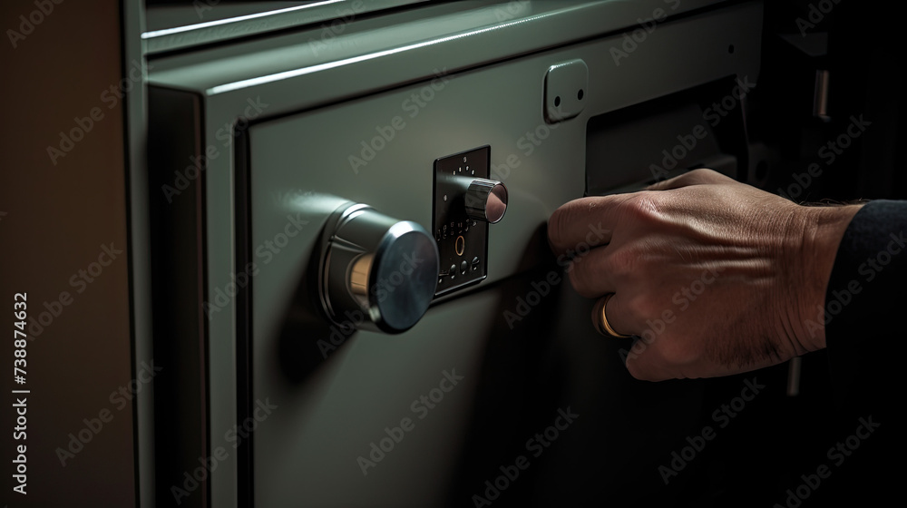 Naklejka premium Close-up of a hand opening a security safe