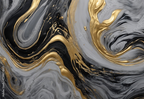 Abstract swirling texture background with acrylic gray and black vortex waves and gold inclusions 