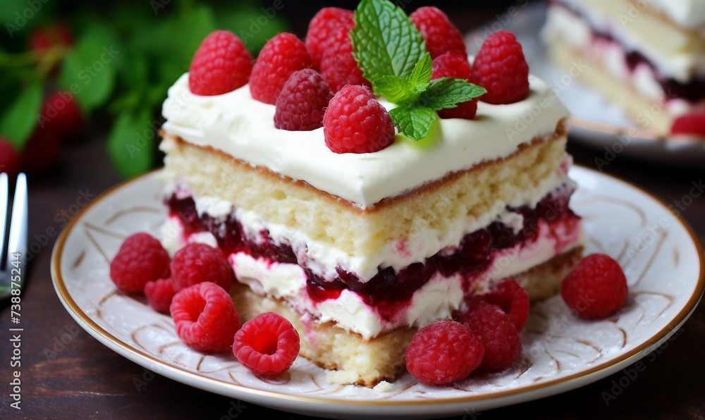 Piece of cake with raspberries and mint on a plate Piece of cake with raspberries and mint on a plate