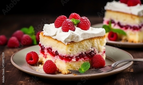 Cake with raspberries and whipped cream on a wooden background
