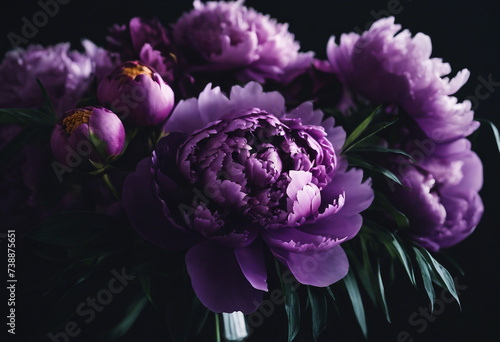 Beautiful purple peonies bouquet on black background soft focus Dark Spring or summer floral background Rich bunch of lilac peonies