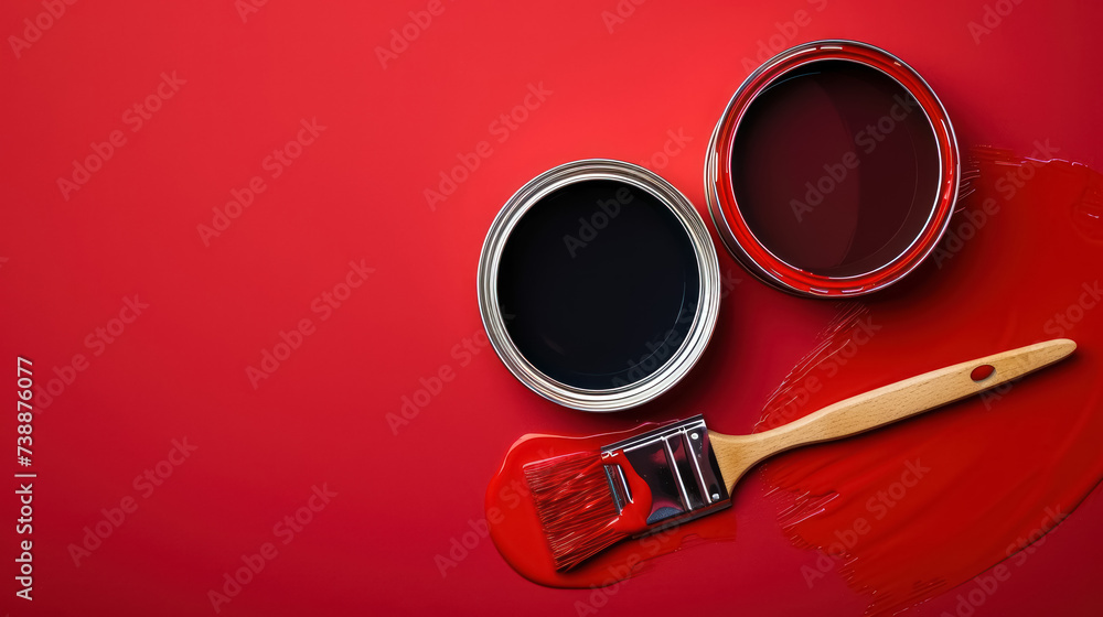 sleek paint cans in luxurious red tones with a matching brush on a monochromatic red background, copy space for text
