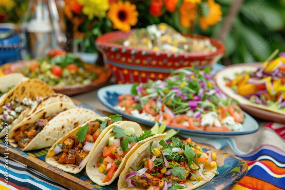 A festive table set with an assortment of Mexican tacos, filled with grilled chicken, fresh vegetables, and topped with cilantro. 
