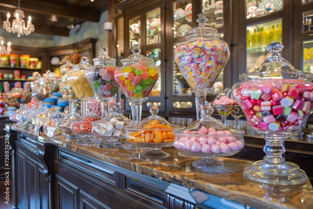 An elegant candy store display featuring an array of glass jars filled with colorful sweets and confections, inviting a sense of nostalgia and sweetness.