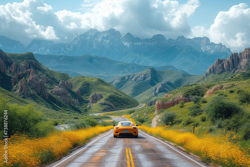 Yellow sports car on road among blooming fields and mountains.