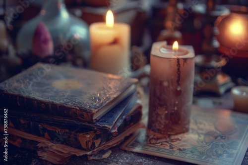 Tarot cards illuminated by candlelight, casting an enchanting aura 