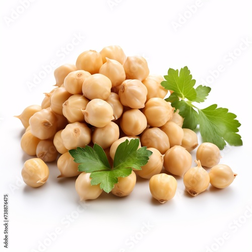 a pile of white peas with green leaves
