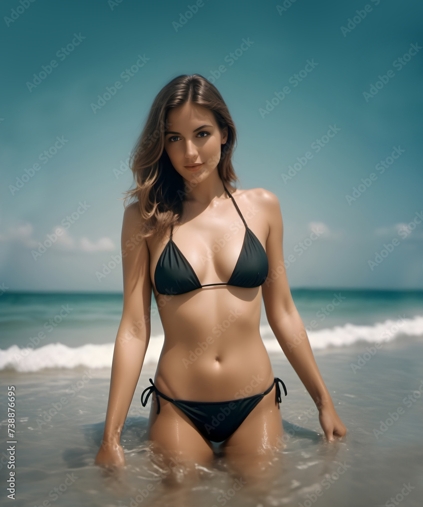 Attractive beautiful young woman standing in sea water by the beach in summer with waves rolling in.