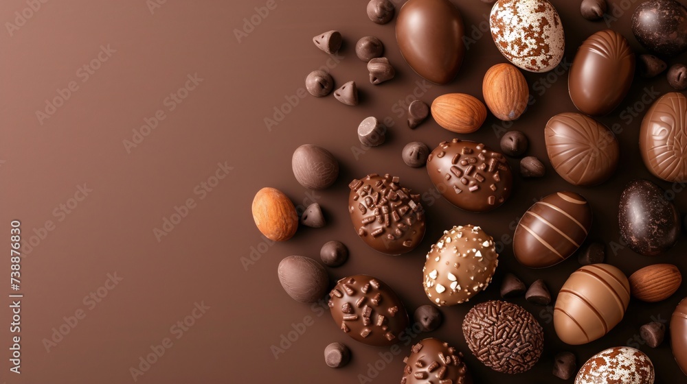 a group of chocolate eggs and chocolate chips a group of chocolate eggs and chocolate chips