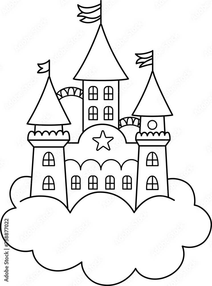 Fototapeta premium Vector black and white unicorn castle on cloud. Fantasy world palace line icon with towers, flags, roofs. Fairy tale princess house outline illustration or coloring page.