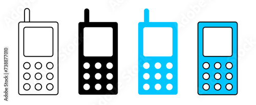 Cellphone icon set in fill and outline old retro style with keypad and antenna in black and blue color on white background- Vector Icon