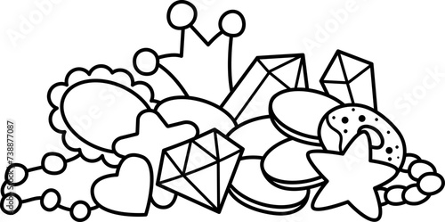 Vector black and white unicorn treasures concept. Pile with cute stars, diamonds, mirror, beads, golden coins, crown, donut. Magic or fairytale line decoration for cards or coloring page.