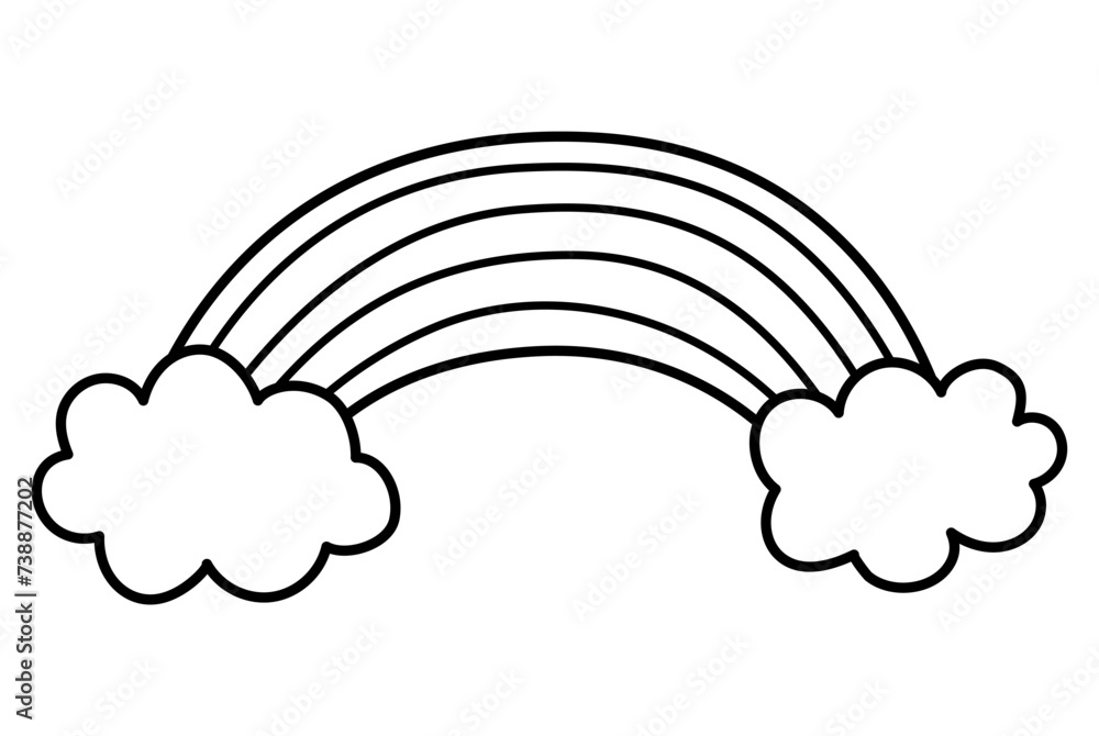Vector black and white rainbow with clouds. Unicorn treasures concept or line icon. Magic or fairytale decoration for cards isolated on white background. Cute weather element coloring page. Vector black and white rainbow with clouds. Unicorn treasures concept or line icon. Magic or fairytale decoration for cards isolated on white background. Cute weather element coloring page.