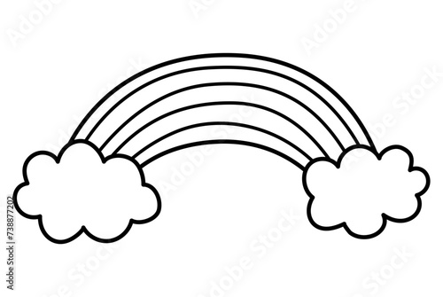 Vector black and white rainbow with clouds. Unicorn treasures concept or line icon. Magic or fairytale decoration for cards isolated on white background. Cute weather element coloring page.