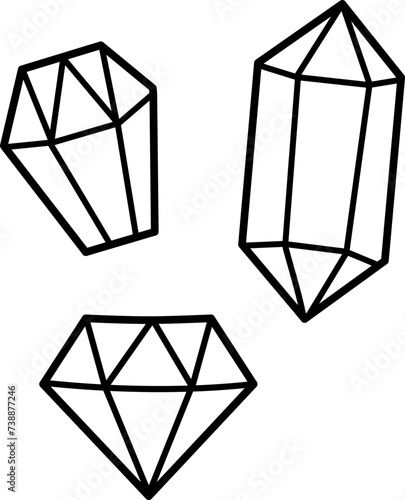Vector black and white crystals. Unicorn treasures concept. Outline diamond icons. Magic or fairytale precious stone line decoration for cards isolated on white background. Cute coloring page.