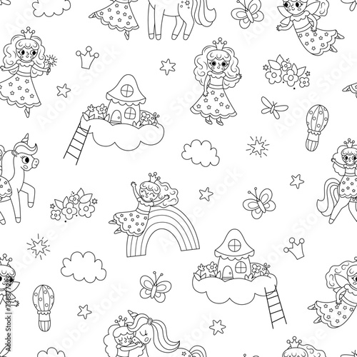 Vector fairy black and white seamless pattern. Fantasy sorceress repeat background with magic wand, crown, house on cloud. Fairytale line digital paper. Magic princess backdrop, coloring page.