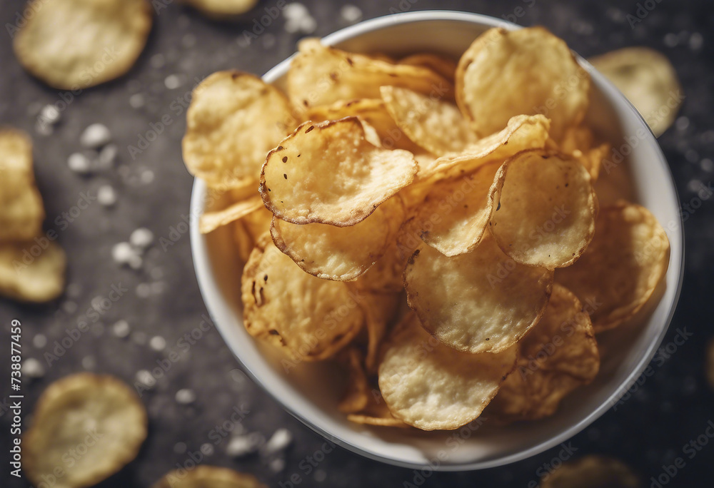 Crispy potato chips with a bowl top view Realistic crunchy wavy snack pieces in white dish. Delicious food advertisement, crisp meal promotion Crispy potato chips with a bowl top view Realistic crunchy wavy snack pieces in white dish. Delicious food advertisement, crisp meal promotion