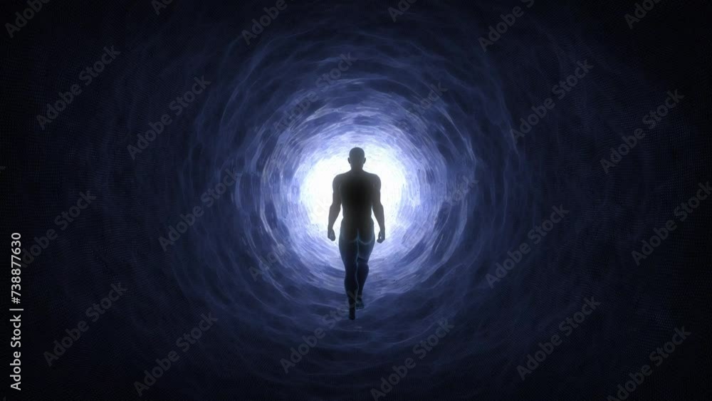  Silhouette of a person walking into a tunnel or a portal towards light UHD 4K Seamless loop