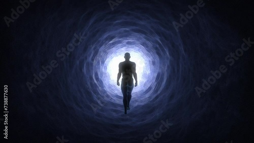  Silhouette of a person walking into a tunnel or a portal towards light UHD 4K Seamless loop