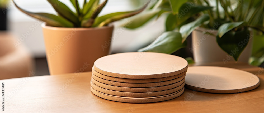 A sleek and modern set of coasters arranged neatly on a pristine tabletop. A sleek and modern set of coasters arranged neatly on a pristine tabletop.