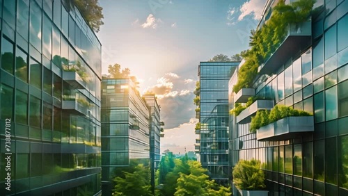 office building with tree for reducing carbon dioxide, Eco green environment, Video Animation, motion graphic.