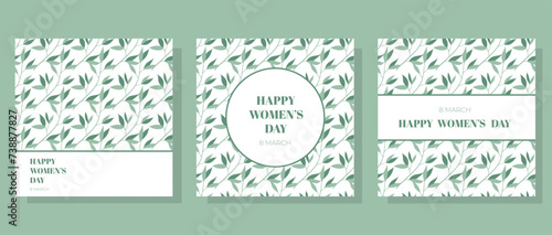 Beautiful set of postcard for March 8 and Women's Day with floral leaf pattern. Modern minimalist and flat design photo