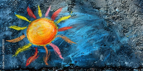 A colorful painting of the sun with dynamic rays is displayed on a textured stone surface that combines bright yellow, orange and red against a contrasting blue background. This image symbolizes creat