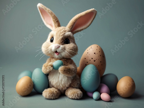 Easter bunny toy with eggs of different sizes against gray green background. Cute charming bunny holding an easter egg in paws. Copy space for text, suitable for greeting card, Easter concept