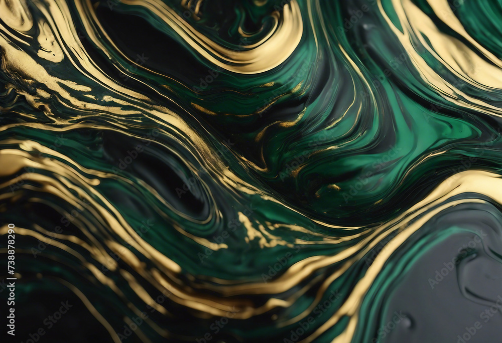 Fluid Art Black marble background with dark green and golden waves ...