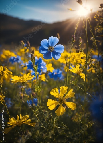A hyperrealistic image in ultra-high definition captures a warm climate and warm light enveloping the scene. Blue flowers are suspended in mid-air  gently swaying