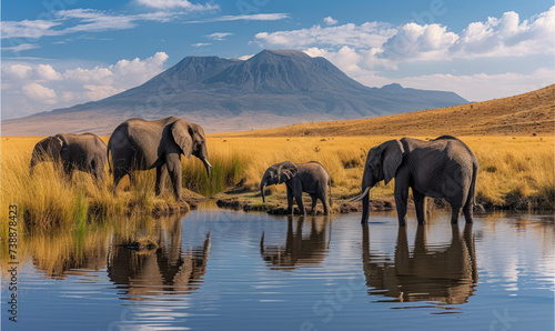 Embark on a journey through the iconic Serengeti landscape of Tanzania: Towering mountains frame vast grasslands where herds of majestic animals roam freely.